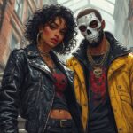 When Street Style Meets Piccadilly Circus: Curly Hair, Leather, and a Skull Mask