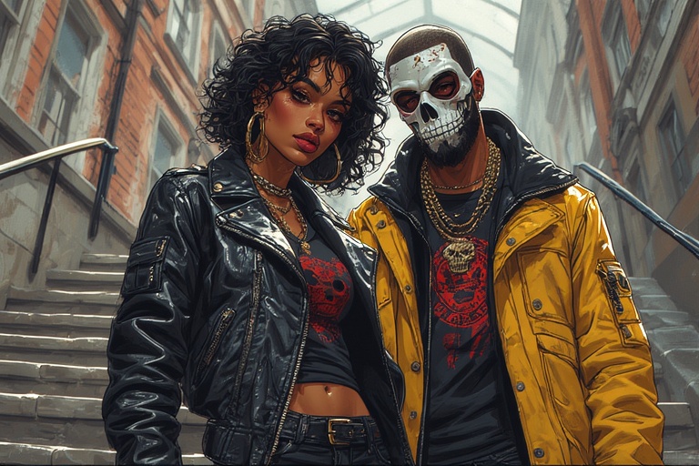 When Street Style Meets Piccadilly Circus: Curly Hair, Leather, and a Skull Mask